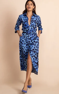 Alva Midi Shirt Dress In Bright Blue Leopard