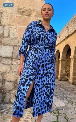 Alva Midi Shirt Dress In Bright Blue Leopard - Extended Sizing