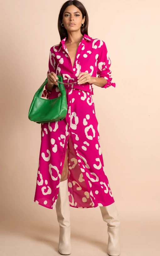 Alva Midi Shirt Dress In Oversized Leopard Cream On Magenta