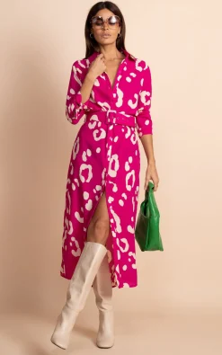 Alva Midi Shirt Dress In Oversized Leopard Cream On Magenta