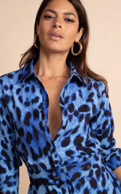 Alva Midi Shirt Dress In Bright Blue Leopard