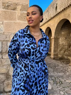 Alva Midi Shirt Dress In Bright Blue Leopard - Extended Sizing