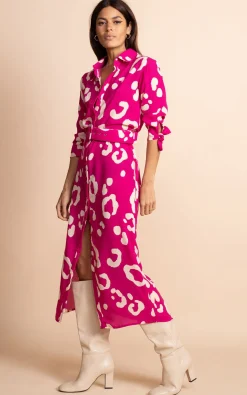 Alva Midi Shirt Dress In Oversized Leopard Cream On Magenta