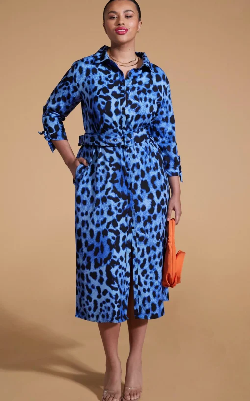Alva Midi Shirt Dress In Bright Blue Leopard