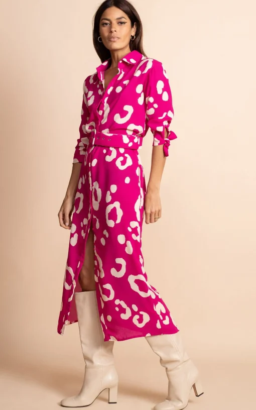 Alva Midi Shirt Dress In Oversized Leopard Cream On Magenta