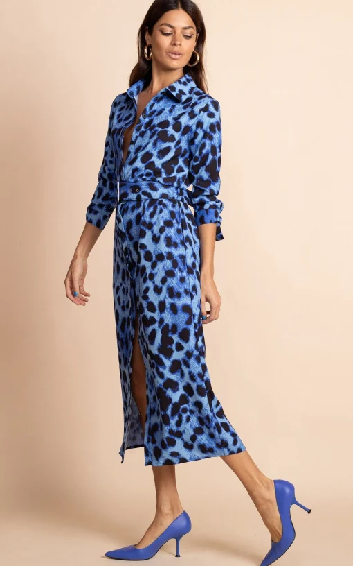 Alva Midi Shirt Dress In Bright Blue Leopard