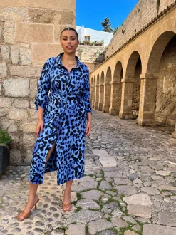 Alva Midi Shirt Dress In Bright Blue Leopard - Extended Sizing