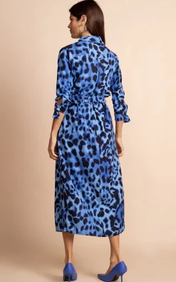 Alva Midi Shirt Dress In Bright Blue Leopard