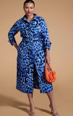 Alva Midi Shirt Dress In Bright Blue Leopard - Extended Sizing