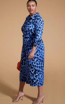 Alva Midi Shirt Dress In Bright Blue Leopard - Extended Sizing