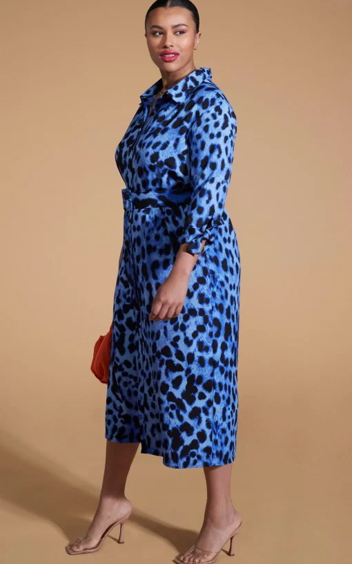 Alva Midi Shirt Dress In Bright Blue Leopard - Extended Sizing