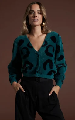Bambino Cardigan In Black On Forest Green Leopard
