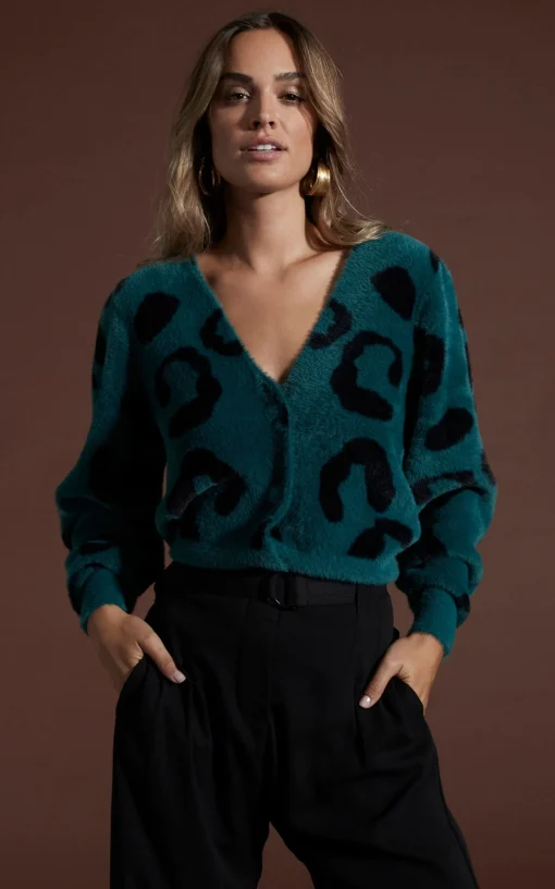 Bambino Cardigan In Black On Forest Green Leopard
