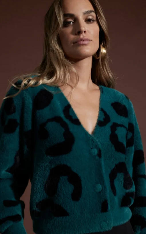 Bambino Cardigan In Black On Forest Green Leopard