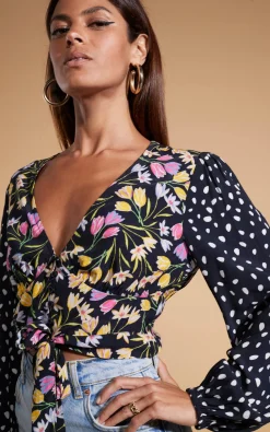 Betsy Tie Front Top In Citrus Tulip And Odd Dot Mix