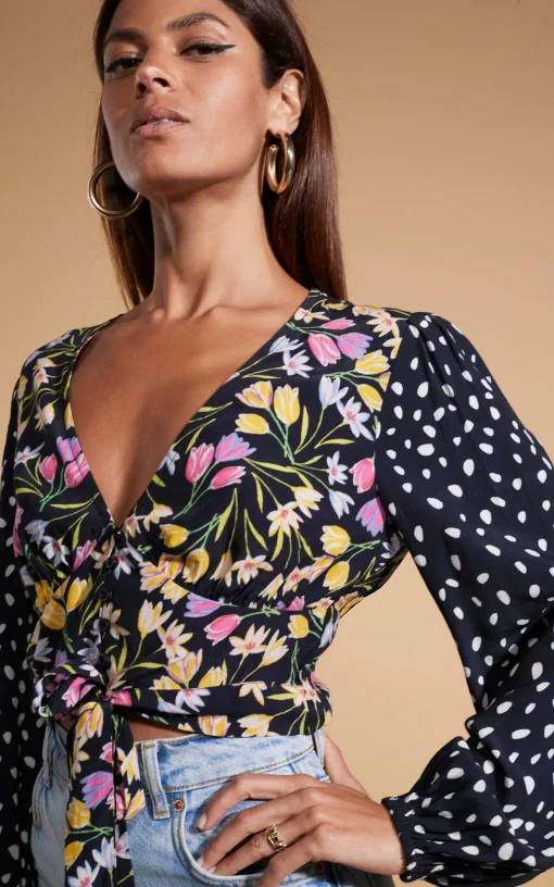 Betsy Tie Front Top In Citrus Tulip And Odd Dot Mix