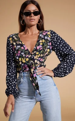 Betsy Tie Front Top In Citrus Tulip And Odd Dot Mix