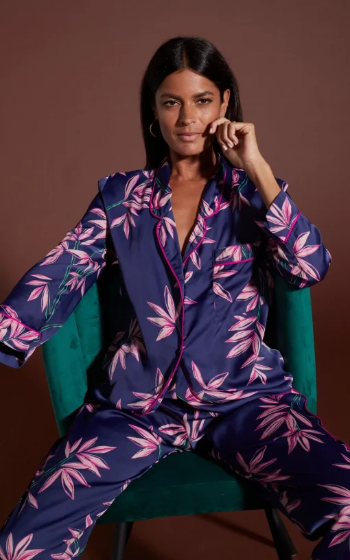Cosmos Satin Long Leg Pj Set In Bamboo Navy Base