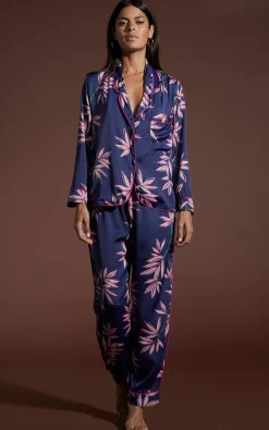 Cosmos Satin Long Leg Pj Set In Bamboo Navy Base