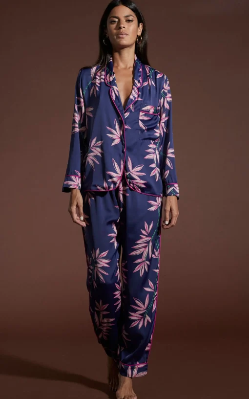 Cosmos Satin Long Leg Pj Set In Bamboo Navy Base
