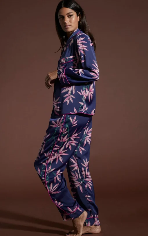 Cosmos Satin Long Leg Pj Set In Bamboo Navy Base