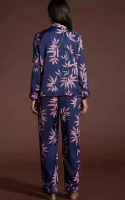Cosmos Satin Long Leg Pj Set In Bamboo Navy Base