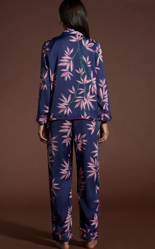 Cosmos Satin Long Leg Pj Set In Bamboo Navy Base