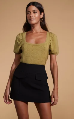 Daphne Pointelle Top In Khaki