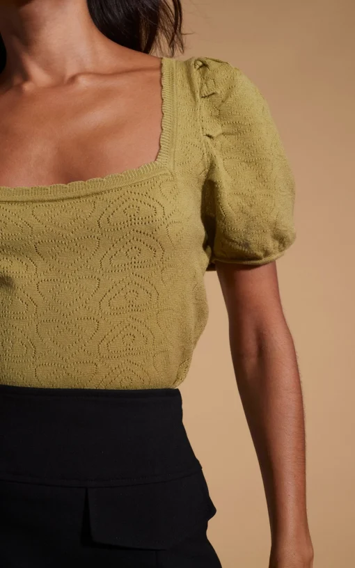 Daphne Pointelle Top In Khaki