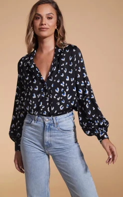 Dixie Balloon Sleeve Shirt In Abstract Leopard White On Black