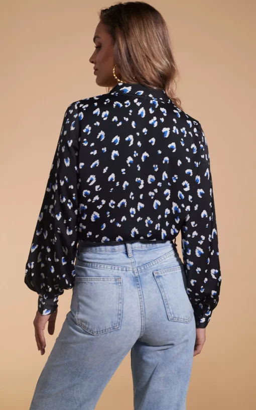 Dixie Balloon Sleeve Shirt In Abstract Leopard White On Black