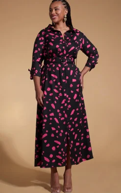 Dove Dress In Abstract Dot Pink On Black- Extended Sizing