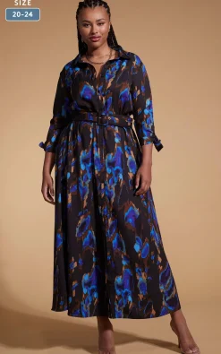 Dove Dress In Camo Abstract Blue On Black- Extended Sizing