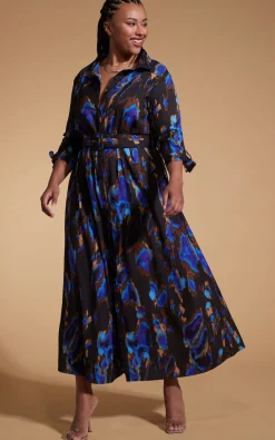Dove Dress In Camo Abstract Blue On Black- Extended Sizing