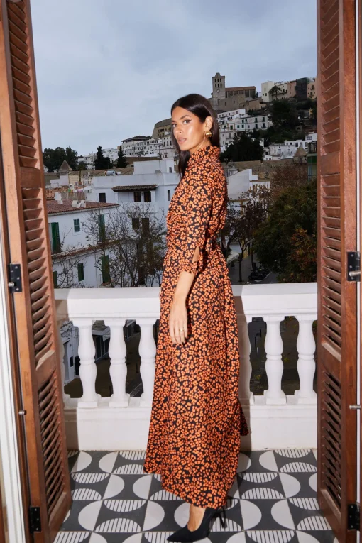Dove Dress In Orange On Black Leopard