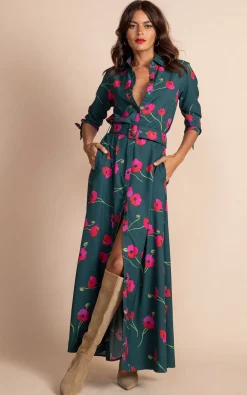 Dove Dress In Poppies On Dark Green