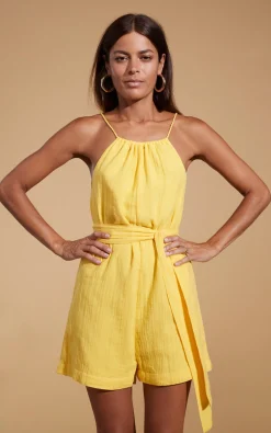 Halo Papillon Halter Neck Playsuit In Primrose Yellow