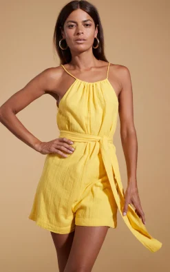 Halo Papillon Halter Neck Playsuit In Primrose Yellow