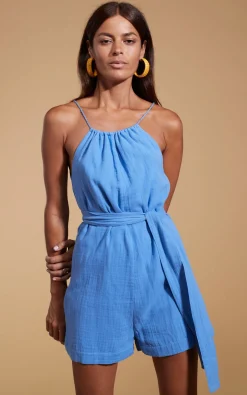 Halo Papillon Halter Neck Playsuit In Sky Blue