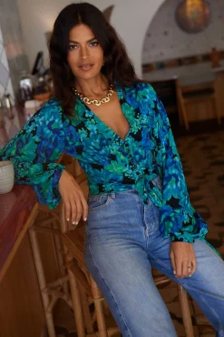 Joanie Tie Top In Blue & Green Floral