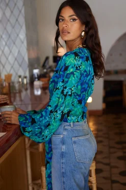 Joanie Tie Top In Blue & Green Floral
