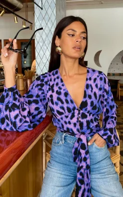 Joanie Tie Top In Lilac Leopard