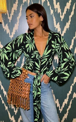 Joanie Tie Top In Tropic Green On Black