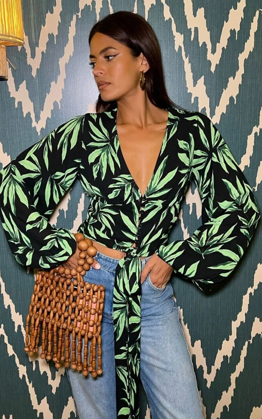 Joanie Tie Top In Tropic Green On Black