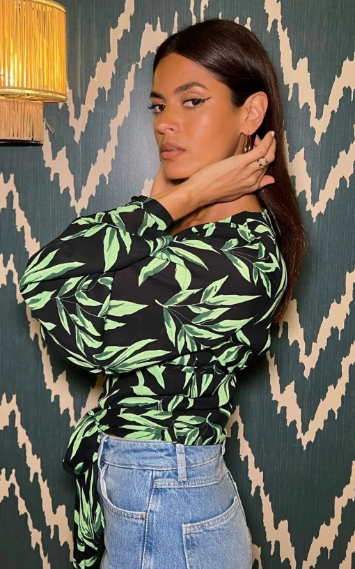 Joanie Tie Top In Tropic Green On Black