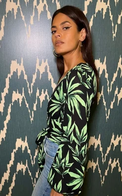 Joanie Tie Top In Tropic Green On Black