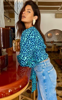 Joanie Tie Top In Turquoise Leopard
