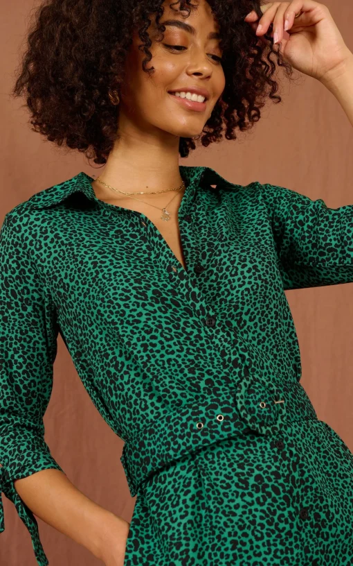 Jonah Mini Shirt Dress In Small Green Leopard