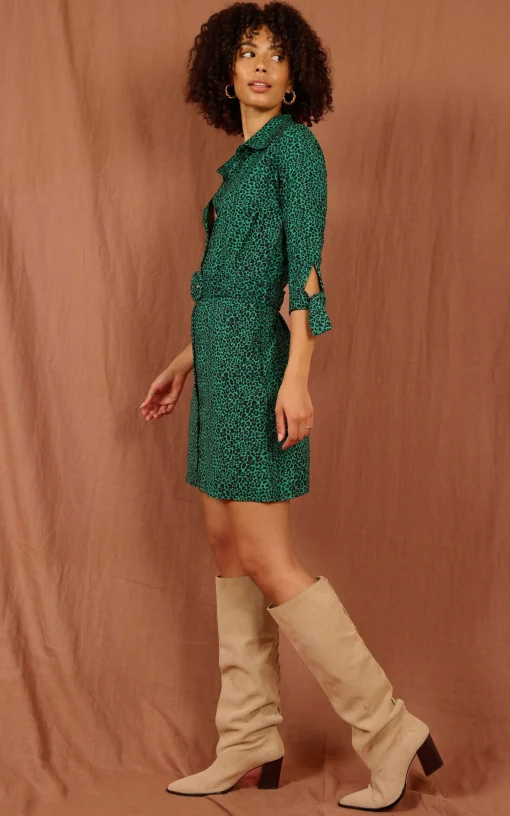 Jonah Mini Shirt Dress In Small Green Leopard