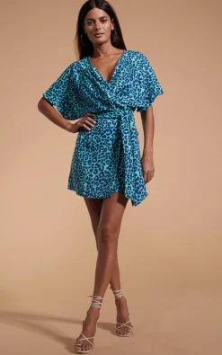 Kansas Mini Wrap Dress In Turquoise Leopard